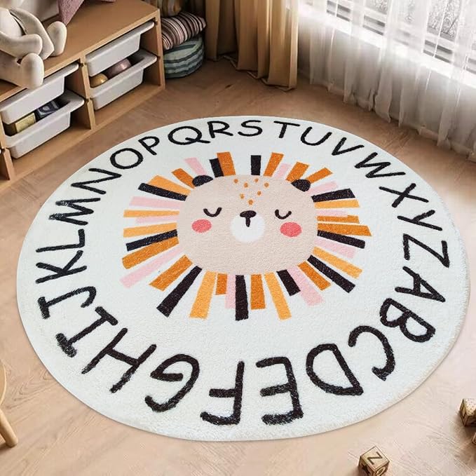 Poowe ABC Lion Kids Room Rug, 39.4" Round Washable Area Rugs - Image 3