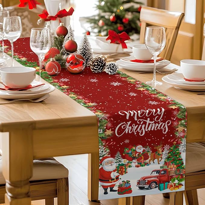 Merry Christmas Table Runner 36 Inches Long, Santa Xmas Tree Snowflake Table - Image 9