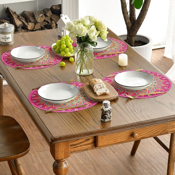 Artoid Mode Pink Yellow Mandala Round Placemats Set of 6, 14 Inch Seasonal - Image 5