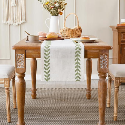 Embroidered Table Runner, Light Green Table Runners 48 Inches Long | Linen - Image 2