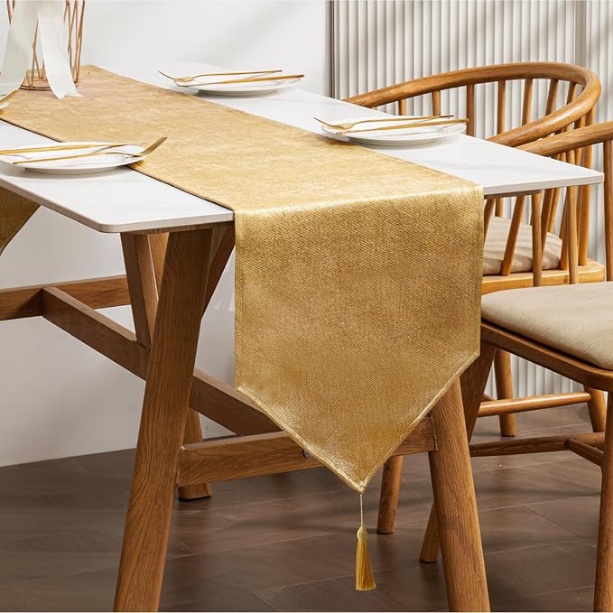 BALCONY & FALCON Table Runner Faux Linen Shimmer Gold 14"x71" | Tasselled by BALCONYFALCON