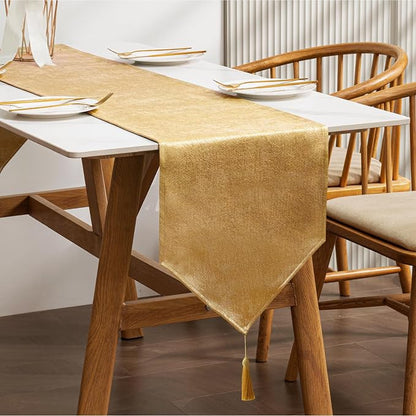 BALCONY & FALCON Table Runner Faux Linen Shimmer Gold 14"x71" | Tasselled by BALCONYFALCON