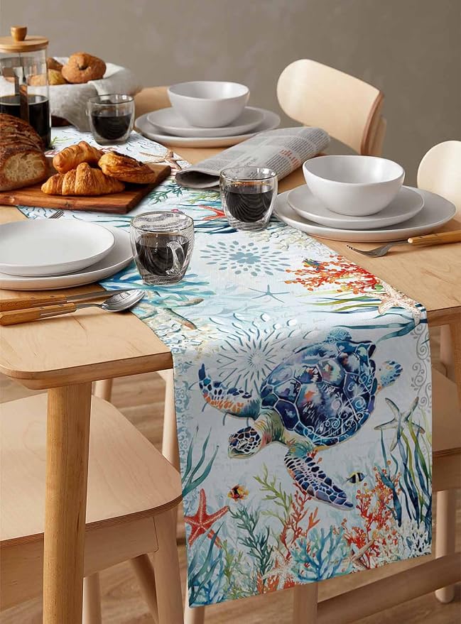 Sea Turtle Coastal Table Runners 120 Inches Long, Summer Beach Coral Table - Image 3