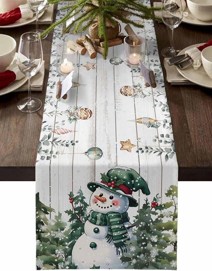 Christmas Snowman Table Runner 120 Inches Long, Xmas Trees Eucalyptus Leaves by Unknown