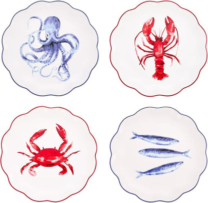 Bico Ocean Wonders Scalloped Salad Plates Set of 4, 8.75 Inch Ceramic Dessert by Bico