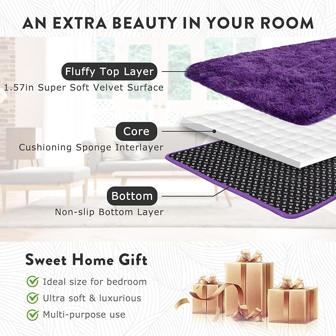 5x7 Purple Rug for Living Room, Soft Fluffy Shaggy Rugs for Bedroom, Modern - Image 6