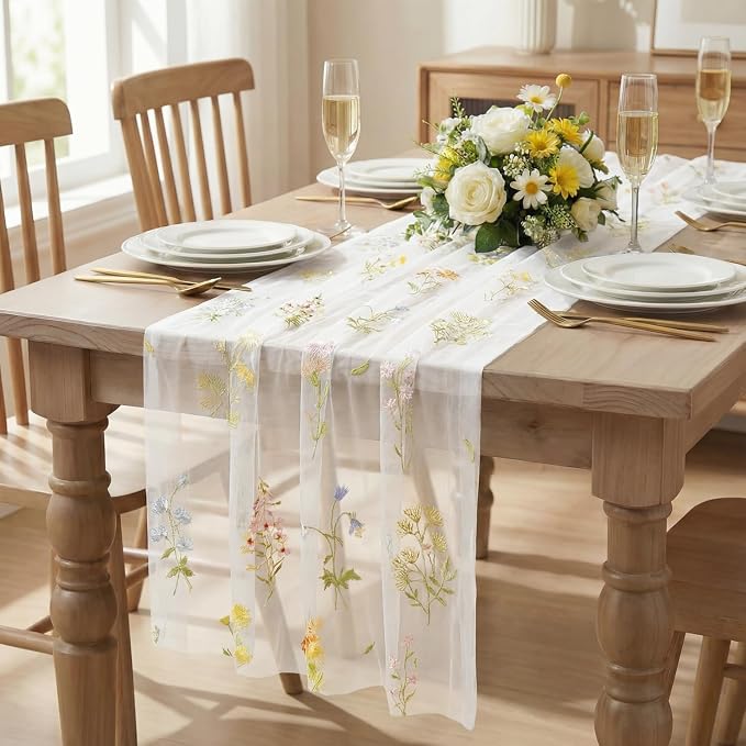 Artoid Mode Wildflower Floral Milky White Gauze Embroidery Table Runner 120 - Image 2