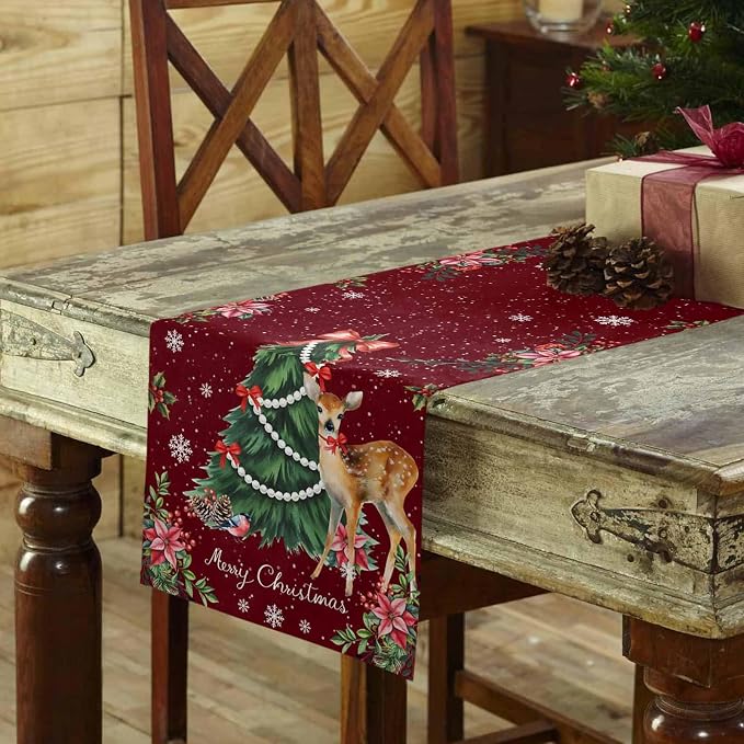 Christmas Reindeer Table Runners 120 Inches Long, Cotton Linen Fabric Red Table - Image 3