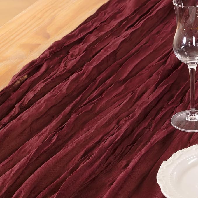 DeZerlor Burgundy Cheesecloth Table Runner 1 Pack Christmas Runner | 120Inches - Image 6