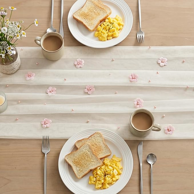 Artoid Mode Pink Flower Pearl White Gauze Table Runner 10FT 6PC, Seasonal Sheer - Image 4