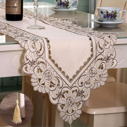 LeLehome 15 X 104 Inch Table Runner, Flowers Embroidered Beige Floral Dresser - Image 2