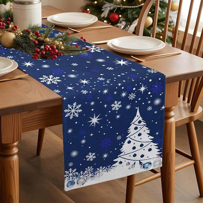Navy Blue Christmas Tree Table Runner 36 Inches Long, Xmas Balls Snowflake - Image 3