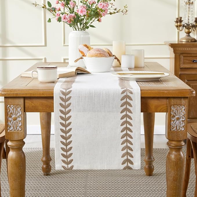 Linen Embroidered Table Runner, Taupe Table Runners 108 Inches Long | Linen - Image 2