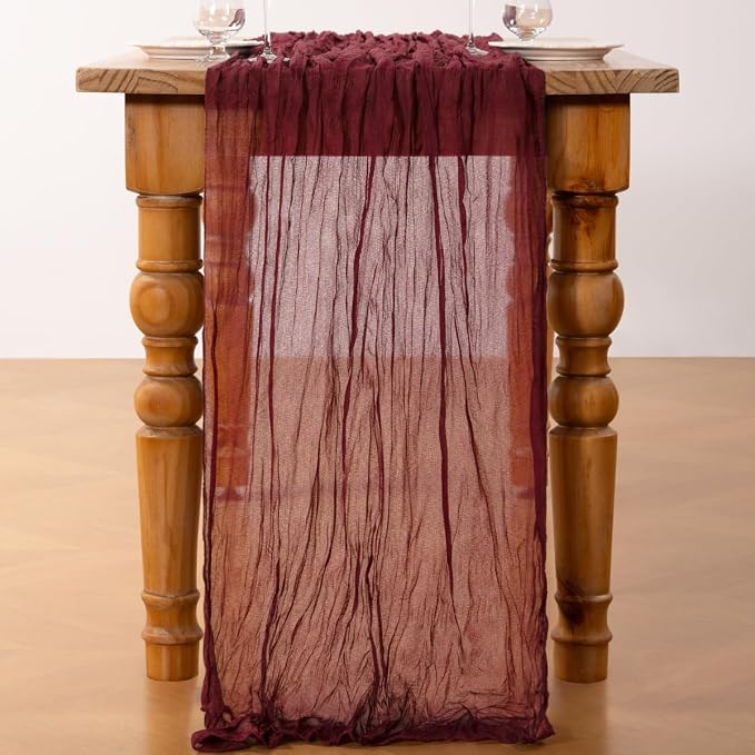 DeZerlor Burgundy Cheesecloth Table Runner 1 Pack Christmas Runner | 120Inches - Image 4