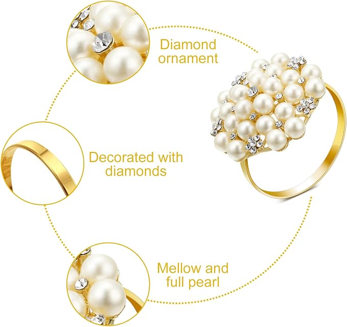 Hotop 288 Pcs Gold Napkin Rings Pearls and Flower Napkin Buckles Rhinestone - Image 6