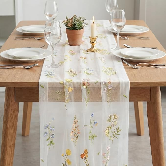 Artoid Mode Wildflower Floral Milky White Gauze Embroidery Table Runner 120 - Image 3