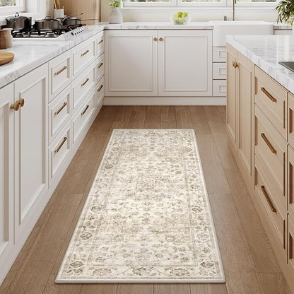 2x4 Washable Neutral Runner Rug Beige Vintage Hallway Kitchen Carpet Non-Slip by WondRg