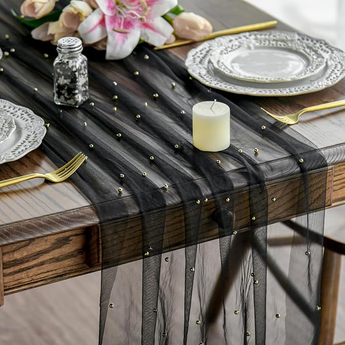 Artoid Mode Pearl Black Gauze Table Runner 120 Inch 10FT, Seasonal Sheer Dining by ArtoidMode