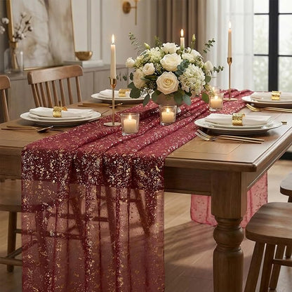 Artoid Mode 10Pcs Burgundy Gauze Gold Table Runner 10FT, Glitter Metallic Foil - Image 5