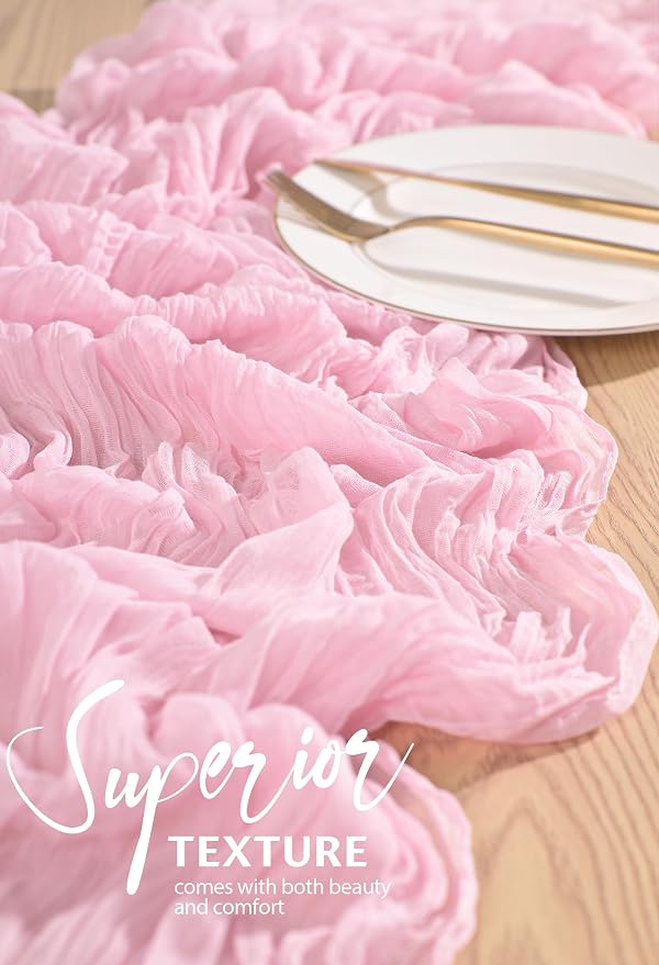Showgeous 2 Pack Light Pink Cheesecloth Table Runners Boho Wedding Decor | - Image 4