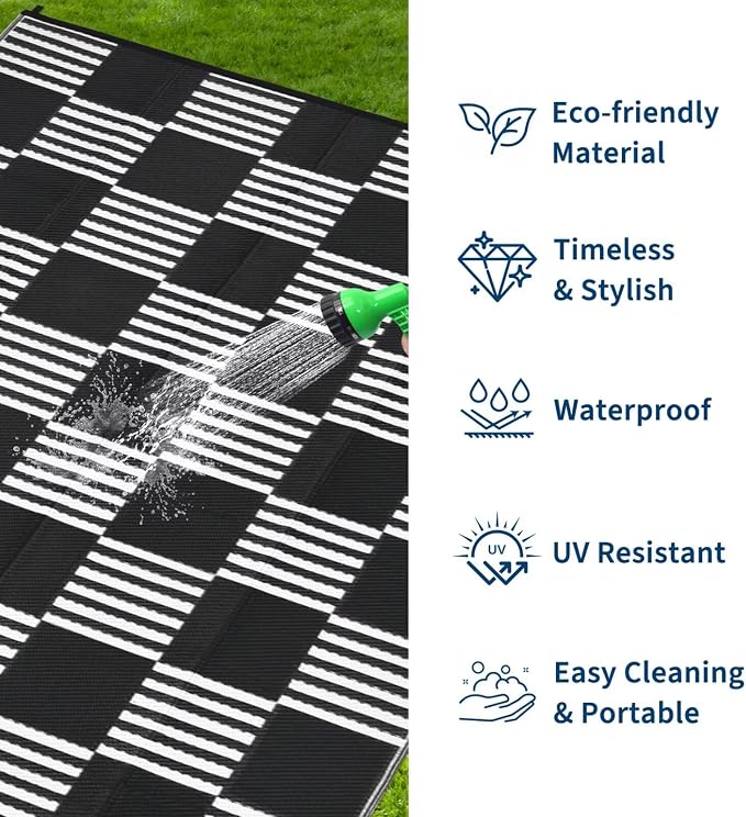 Garvee Waterproof Outdoor Rug 10x14, Checkered Foldable Plastic Straw Patio - Image 2