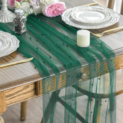 Artoid Mode Pearl Dark Green Gauze Table Runner 59x120 Inch, Seasonal Sheer by ArtoidMode