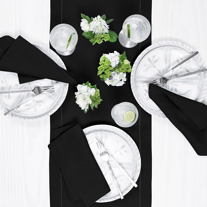 Solino Home 100% Pure Linen Dining Table Runner Black Hemstitch, 14 x 36 in | - Image 4