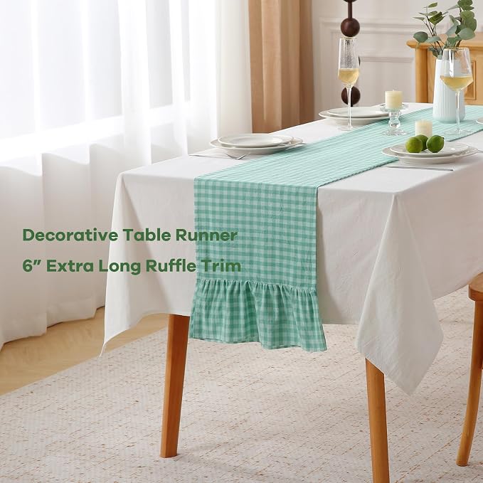 Spa Blue White Plaid Gingham Ruffle Table Runner 90 inches Long Christmas 100% - Image 3