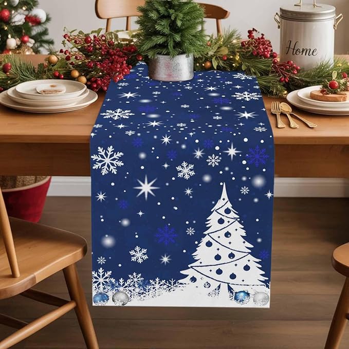 Navy Blue Christmas Tree Table Runner 36 Inches Long, Xmas Balls Snowflake - Image 2