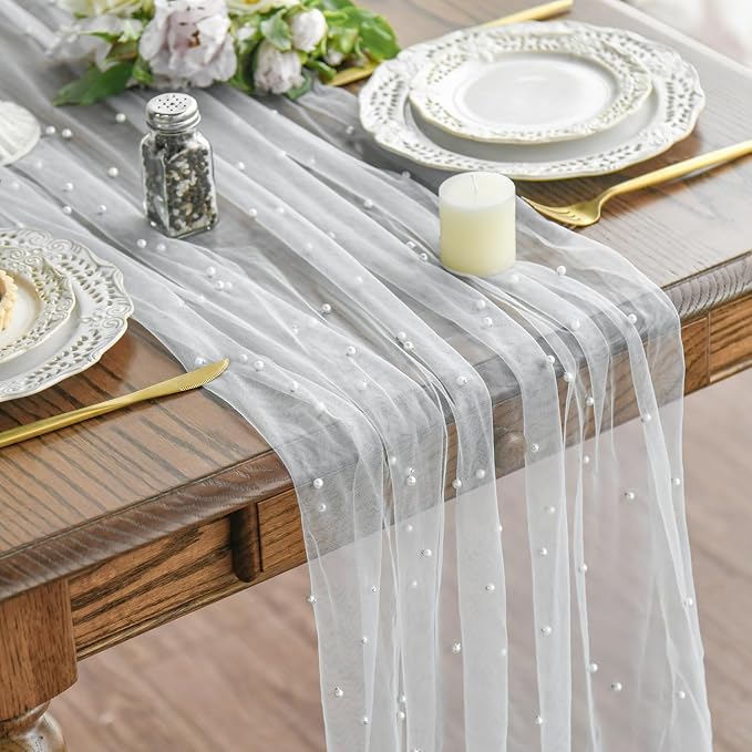 Artoid Mode 6PCS Pearl Gauze Table Runner 120 Inch 10FT, Seasonal Sheer Dining by ArtoidMode