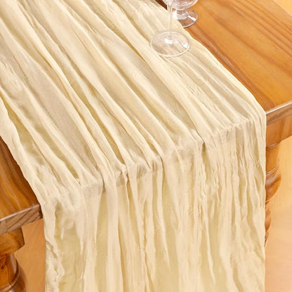 DeZerlor Beige Cheesecloth Table Runners 4 Pack Summer Boho Runners | 120Inches - Image 4