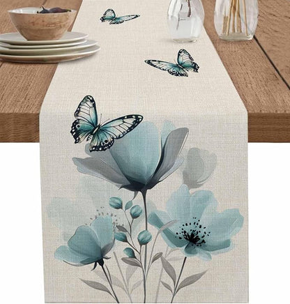 Turquoise Floral Table Runners 60 Inches Long, Spring Flowers Butterfly Table by Unknown
