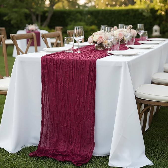 12 Pack Burgundy Red Cheesecloth Table Runner 120 Inch Boho Wedding Decor | - Image 7