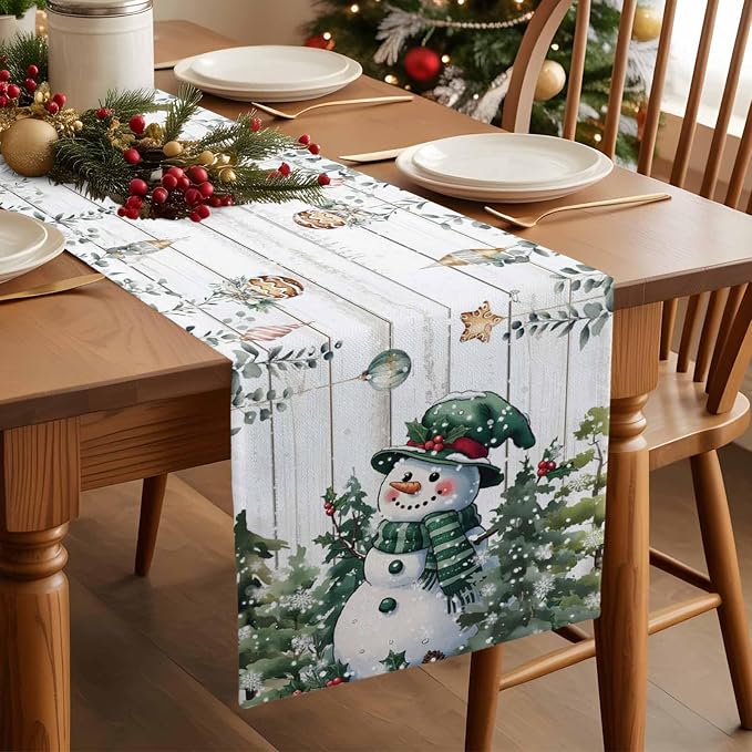 Christmas Snowman Table Runner 70 Inches Long, Xmas Trees Eucalyptus Leaves - Image 3