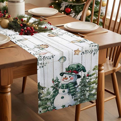 Christmas Snowman Table Runner 70 Inches Long, Xmas Trees Eucalyptus Leaves - Image 3