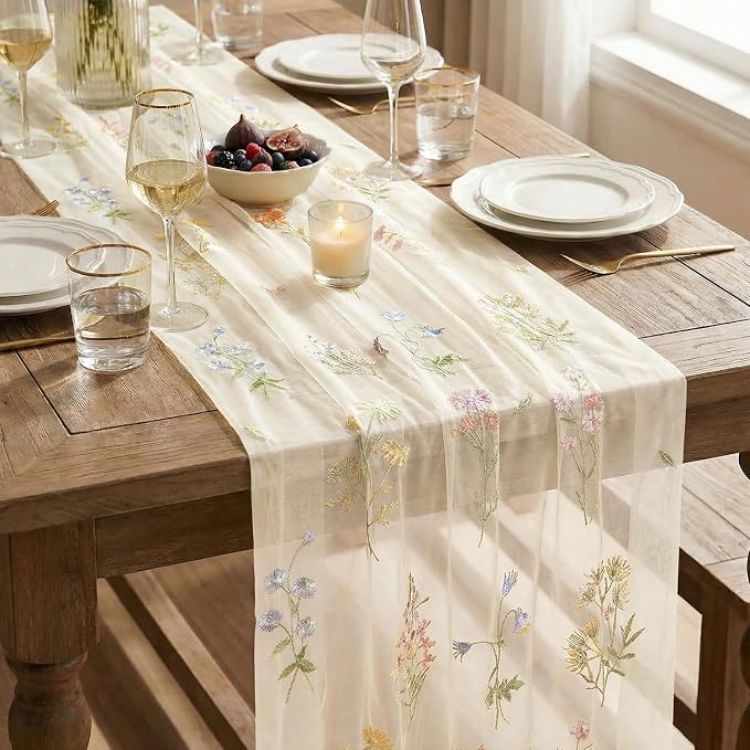 Artoid Mode 3PC Wildflower Floral Beige Apricot Gauze Embroidery Table Runner - Image 7
