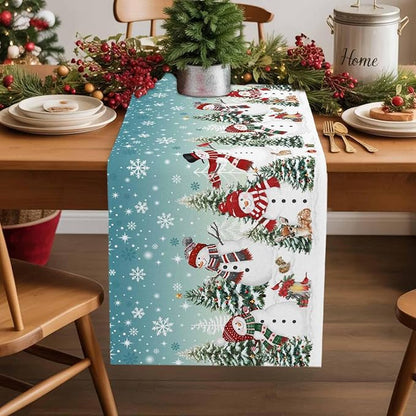 Teal Christmas Snowman Table Runner 120 Inches Long, Xmas Trees Snowflake Table - Image 2