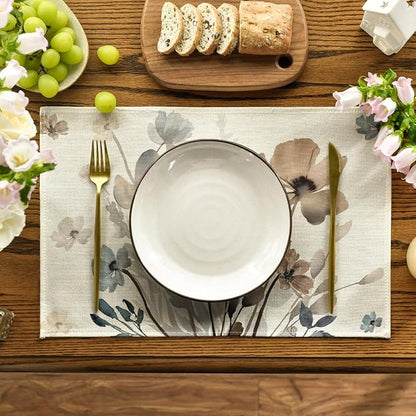 Artoid Mode Brown Poppy Floral Leaves Fall Placemats Set of 4, 12x18 Inch - Image 2
