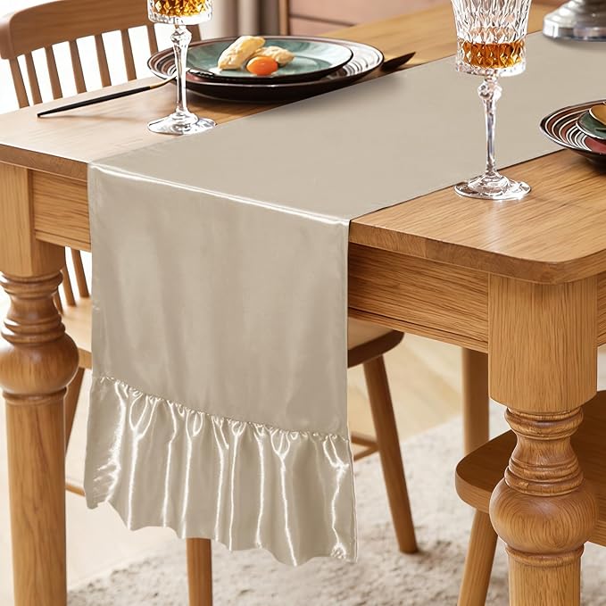 2 Pack Champagne Satin Table Runner 12 x 108 Inch | Ruffle Design, Luxurious - Image 2