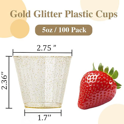 I00000 5oz 100 Pack Gold Glitter Plastic Cups, Glitter Disposable Small Plastic - Image 3