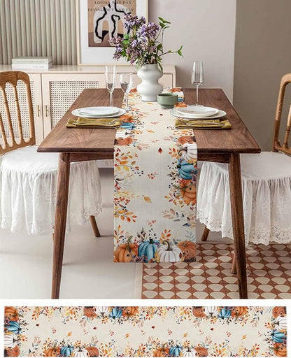 Orange Blue Pumpkin Fall Table Runner 72 Inches Long, Thanksgiving Eucalyptus - Image 4