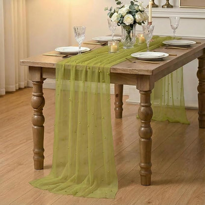 Artoid Mode Pearl Olive Green Gauze Table Runner 120 Inch 10FT, Seasonal Sheer - Image 6