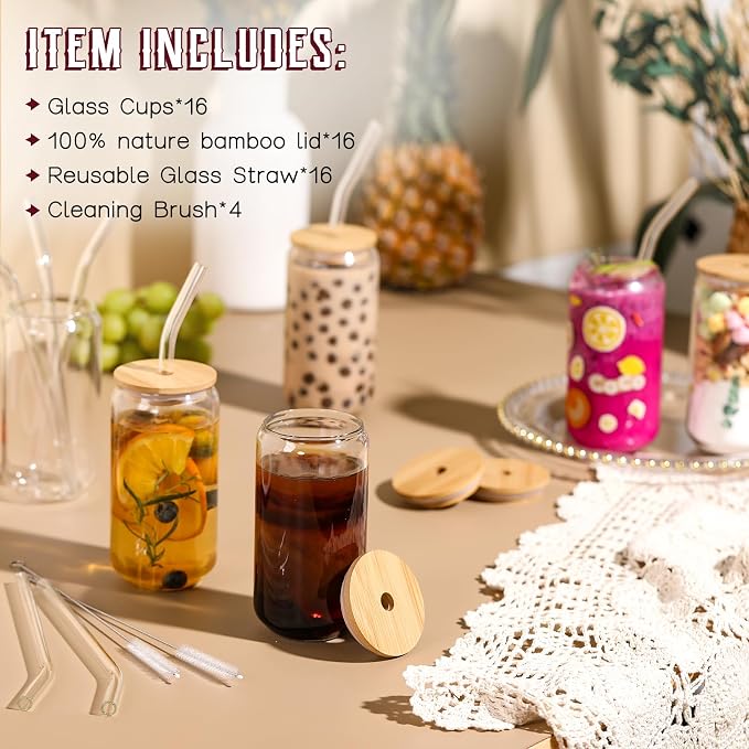 16 Pack Glass Cups with Lids and Straws 16 oz, Personalized Customizable Glasses - Image 2
