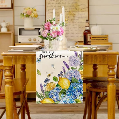 Summer Lemon Table Runner Blue Hydrangeas Burlap Table Runners - Image 3