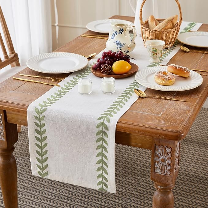 Embroidered Table Runner, Light Green Table Runners 36 Inches Long | Linen - Image 3