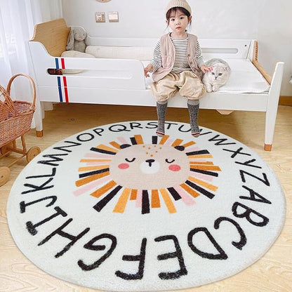 Poowe ABC Lion Kids Room Rug, 39.4" Round Washable Area Rugs by Poowe