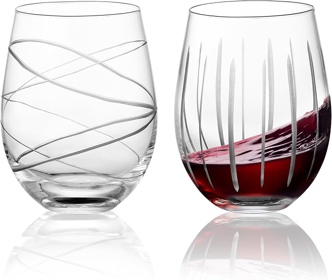 Joeyan Hand Blown Etched Stemless Wine Glasses by JoeyanHousehold