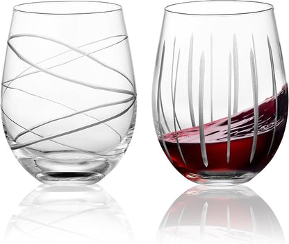 Joeyan Hand Blown Etched Stemless Wine Glasses by JoeyanHousehold