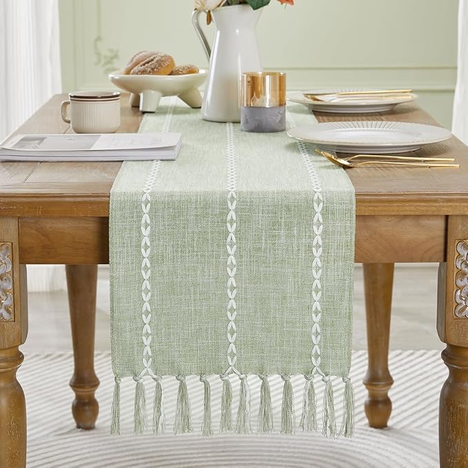 Wracra Rustic Linen Table Runner, Sage Green Table Runners 90 inches Long | - Image 7