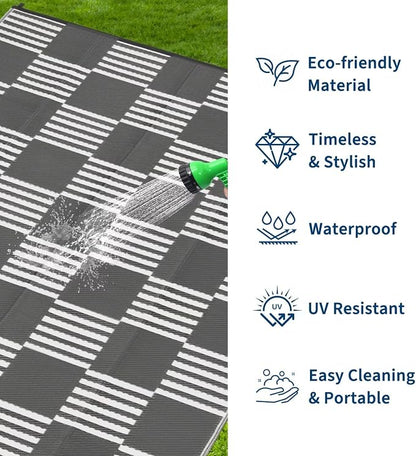 Garvee Waterproof Outdoor Rug 9x12, Checkered Foldable Plastic Straw Patio - Image 2